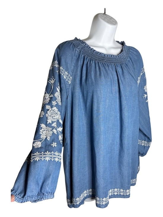 J. Jill Tops - J Jill Denim Top Size XL White Embroidered Blue Tencel Relaxed Fit Country